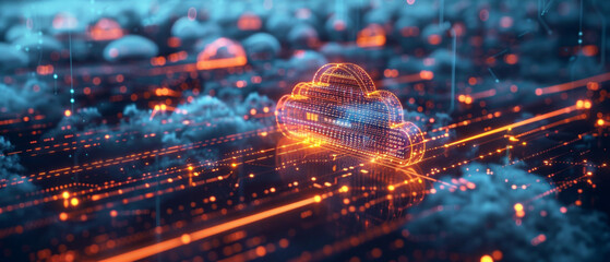 Streamlined business process flowchart with tech elements like servers and clouds