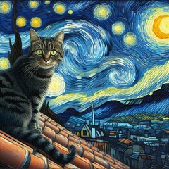 A cat perched on a rooftop at starry night Generative AI