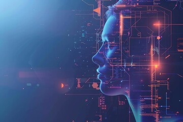 Digital Human Face with Circuit Grid. Generative AI.