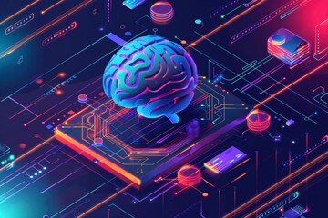 Futuristic Digital Brain on Circuit Board. Generative AI.