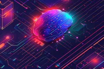 Neon Circuit Brain. Generative AI.