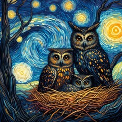 Painting of A family of owls nesting in a tree at  starry night Generative AI