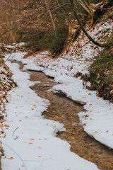 there is snow on the ground next to the water trail