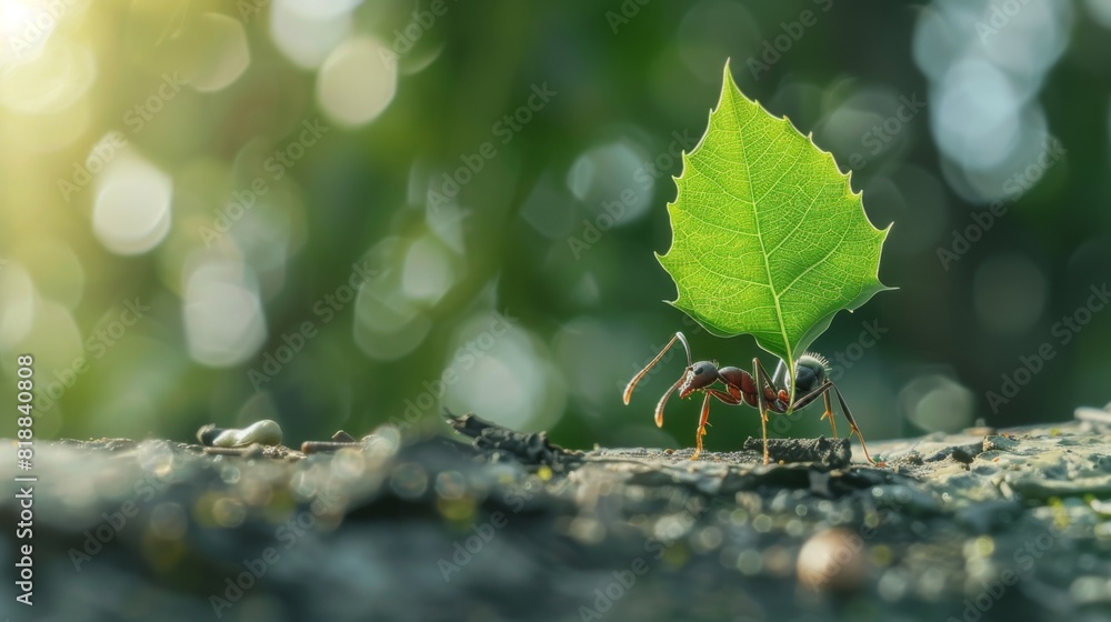 Poster close-up of a single ant carrying a leaf in a natural setting