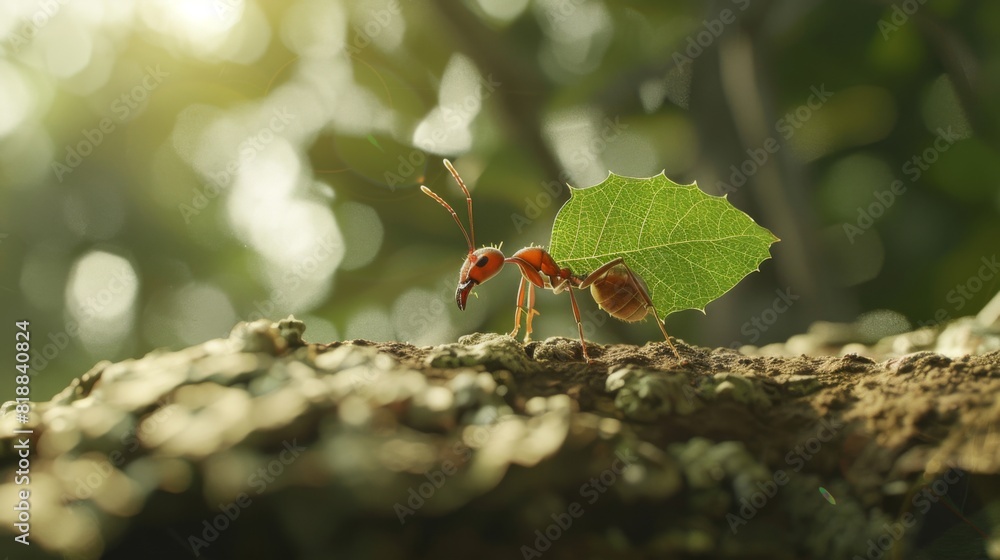 Poster close-up of a single ant carrying a leaf in a natural setting