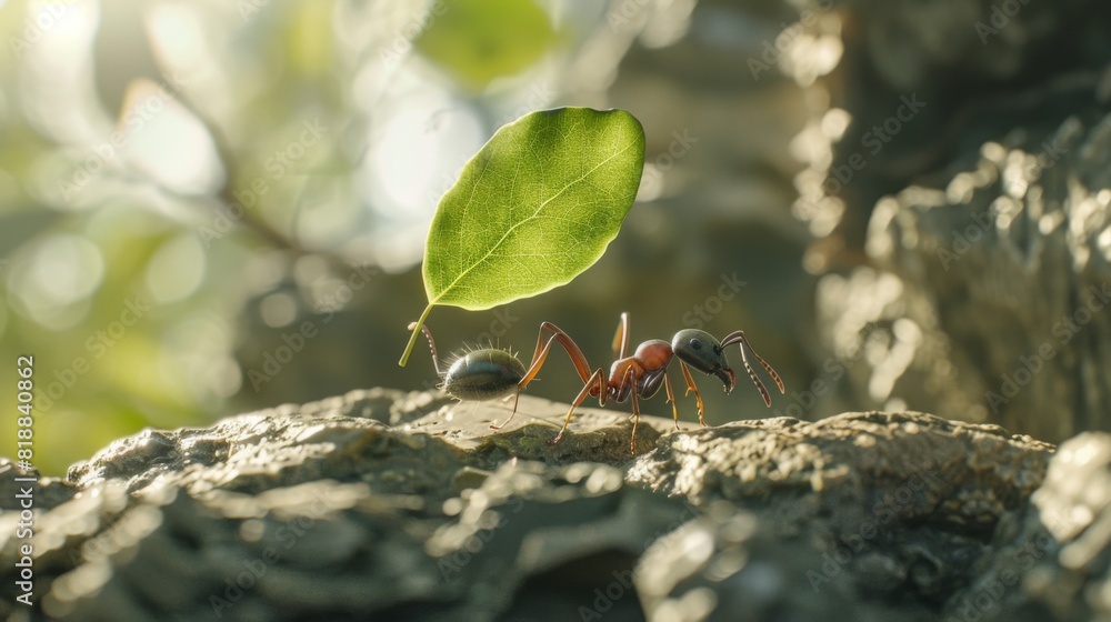 Poster close-up of a single ant carrying a leaf in a natural setting