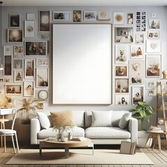 A Room with a mockup poster empty white and with a couch and pictures on the wall realistic card design attractive meaning used for printing.