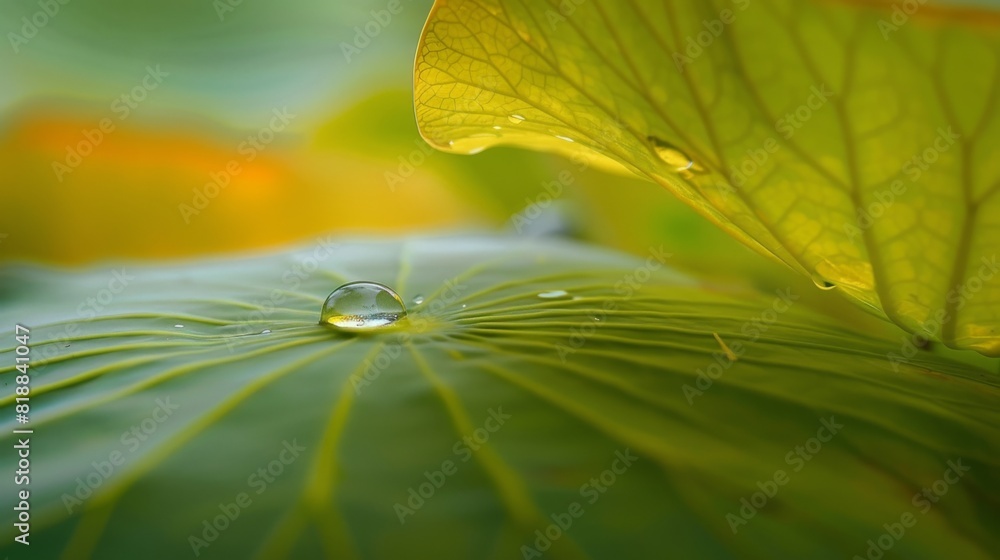 Poster close-up of a single water droplet sliding down the smooth surface of a lotus leaf
