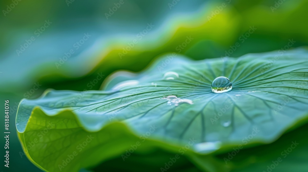 Poster close-up of a single water droplet sliding down the smooth surface of a lotus leaf