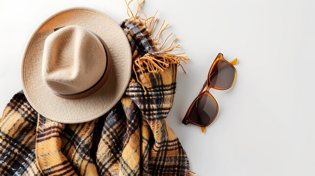 Stylish Travel Outfit Essentials - Hat, Scarf, Sunglasses on White Background