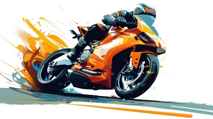 Biker rides a motorcycle, sport bike in bright colors, isolation on a white background.