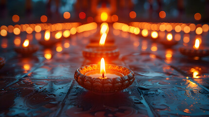 A row of diyas arranged in a traditional pattern, casting a warm glow