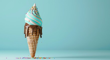 ice cream cone with blue and white swirls, chocolate melting down the side of icecream , sprinkles on top, plain light turquoise background