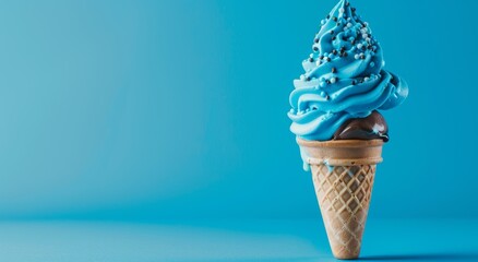ice cream cone with blue and white swirls, chocolate melting down the side of icecream , sprinkles on top, plain light turquoise background