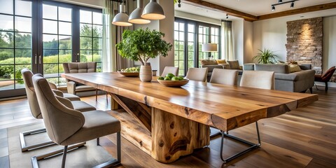 Obraz premium The interior design of a stylish rustic living room with a live edge dining table and solid wood armchairs in calm colours. Discreet expensive design of a cosy and comfortable home.