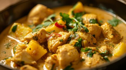 Close-up of creamy, spiced yellow curry with chicken and potatoes
