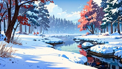 Enchanted Frozen Landscape with Wildlife