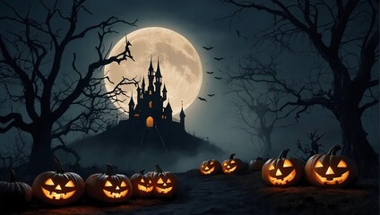 The halloween atmosphere is carefully displayed, showing the silhouette of the witch's castle, the creepy halloween pumpkin, the silhouette of a tree without leaves, the big moon, the night fog