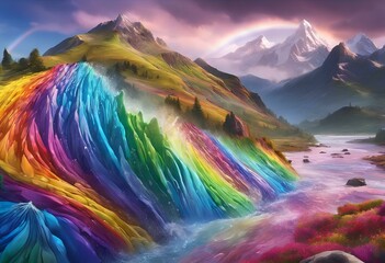 Rainbow fancy hill, river mountain scenery, rainbow hill, covered with rainbow streaks, illustration, background