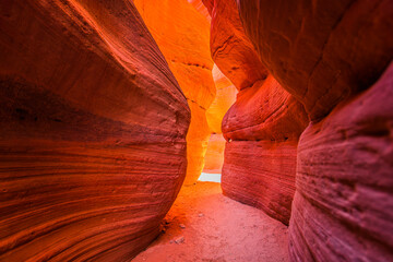 Beautiful shot of inside the narrow Bryce canyon illuminated by light