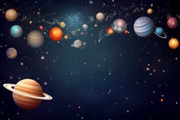 A vibrant depiction of the solar system with various planets, stars, and cosmic clouds set against a deep blue background, creating a stunning, detailed, and imaginative representation of outer space 