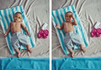 Above, baby and lying in bed with sunglasses for dressing up for outfit, fun and relax at home....