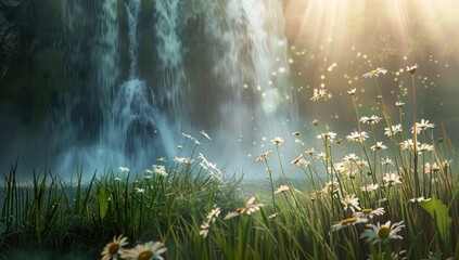 A fantasy landscape of daisies and grass in front of a waterfall