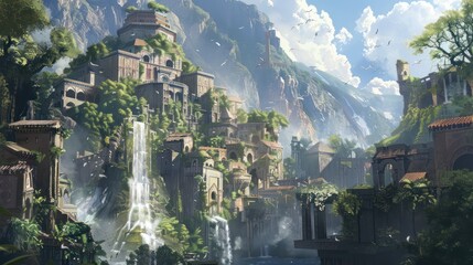Fototapeta premium The image depicts a breathtaking scene of an ancient city built into a mountain with cascading waterfalls and lush greenery