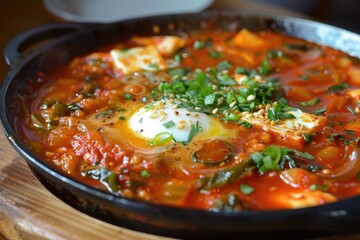 Pan of food with eggs and vegetables in it, Korean food 