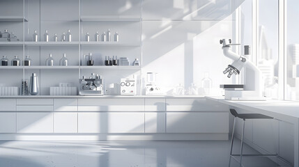 A laboratory with white cabinets and a microscope, providing a space for scientific research and experimentation