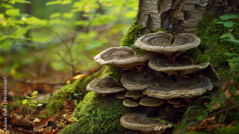 Aufkleber close-up of mushrooms growing on the base of a tree, adding a touch of beauty to the forest