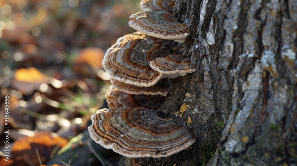 Poster close-up of mushrooms growing on the base of a tree, adding a touch of beauty to the forest