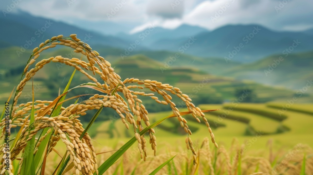 Poster close-up of ripe rice ears swaying gently in the breeze against a backdrop of rolling hills