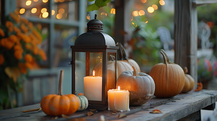 Halloween decorations pumpkins lantern candles autumn leaves on a wooden table in a room interior - Powered by Adobe