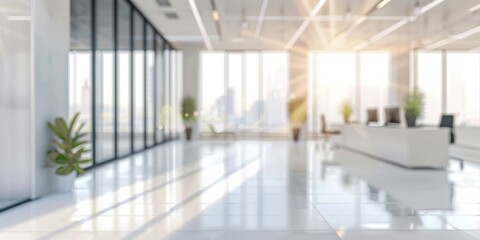 Blur of white open space office interior in white glass office background modern cityscape background, Business lifestyle