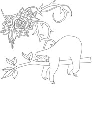 Sloth and A Floral Vine Coloring Page. Printable Coloring Worksheet for Adults and Kids. Educational Resources for School and Preschool.