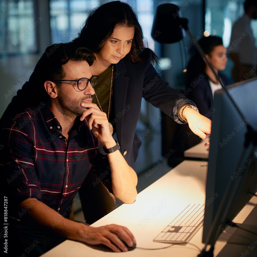 Poster monitor, man and woman in night, pointing and overtime for project of web designer, creativity and s