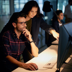 Monitor, man and woman in night, pointing and overtime for project of web designer, creativity and...