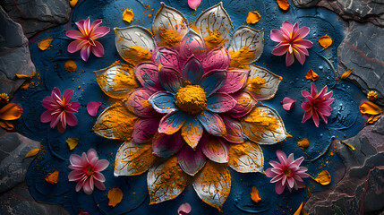 A vibrant and intricate rangoli design on a doorstep, with colorful powders and patterns