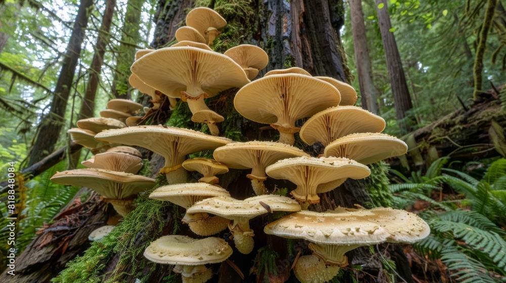 Poster close-up of wild mushrooms growing on the base of a tree trunk in a lush forest