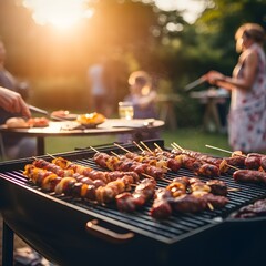 Naklejka premium Summer BBQ party. Grilling meat outdoors. Generative AI.