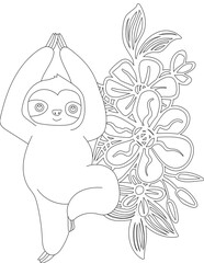 Sloth and A Floral Vine Coloring Page. Printable Coloring Worksheet for Adults and Kids. Educational Resources for School and Preschool.