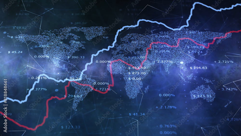 Poster artistic world map with business data index blue abstract illustration background.