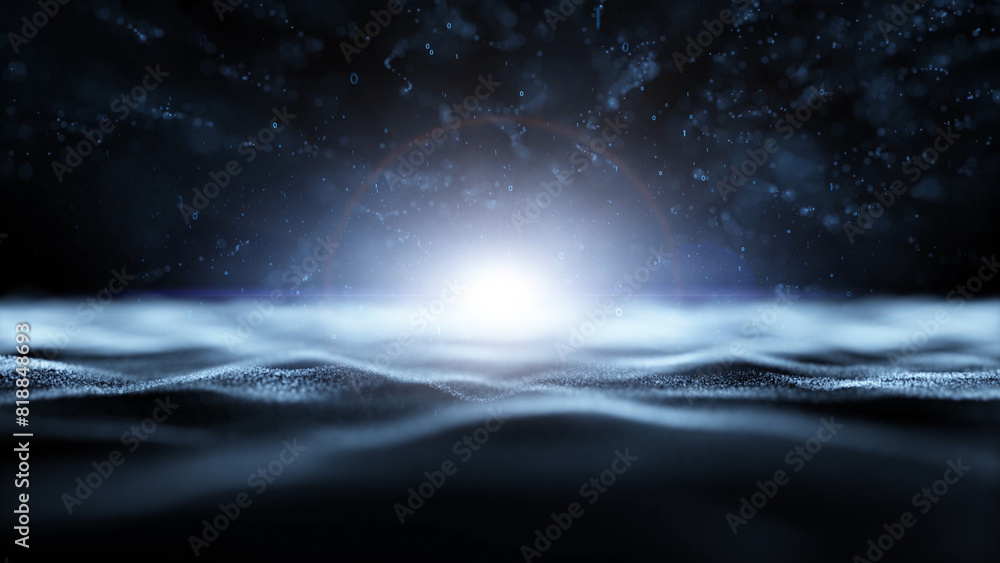 Poster shining binary cyberspace with network waves with glowing spot light illustration background.