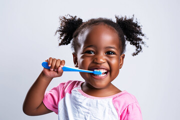 Smiling African American Child Brushing Teeth with Blue Toothbrush in Pink and White Shirt
