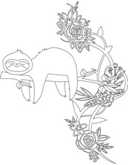Sloth and A Floral Vine Coloring Page. Printable Coloring Worksheet for Adults and Kids. Educational Resources for School and Preschool.