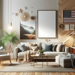 A living Room with a mockup poster empty white and with a couch and a coffee table art card design realistic used for printing has illustrative.