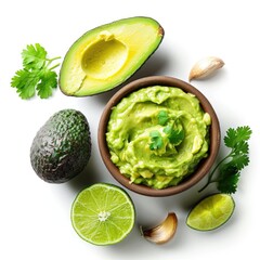 Bowl with avocado crema with ripe avocados, sour cream, lime juice, garlic, and cilantro, white background, side and top view, dip bundle.