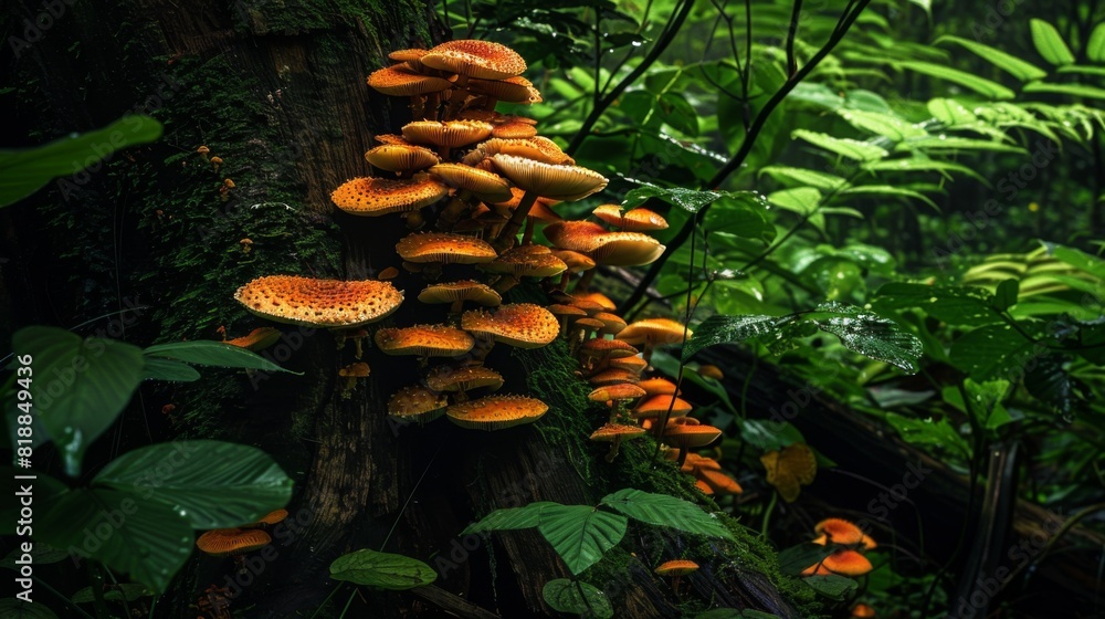 Aufkleber cluster of wild mushrooms growing on the base of a tree trunk amidst lush greenery