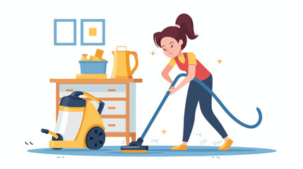 Smiling housewife cleaning carpet with vacuum cleaner